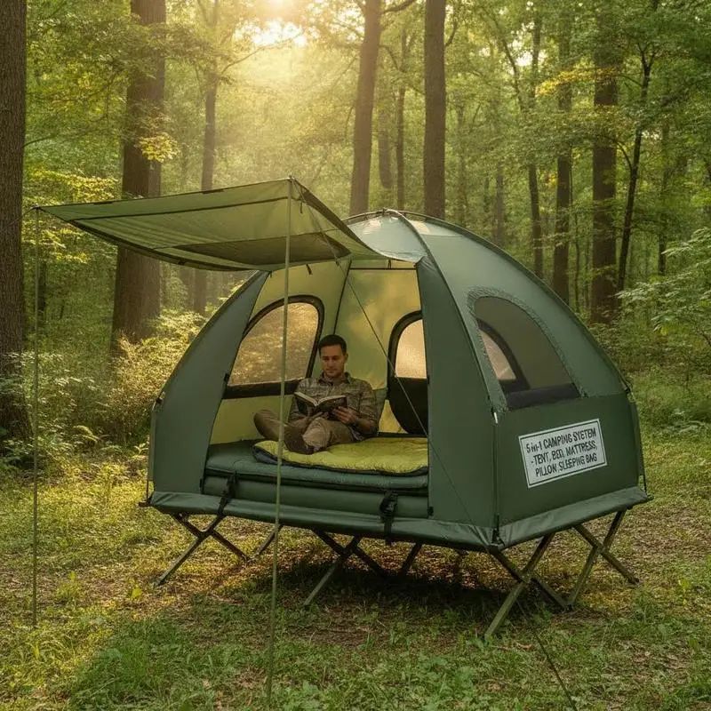 5-in-1 Campingzelt, Campingbett für 2 Personen, Luftmatratze, Kissen, Schlafsack, tragbar, grün, für Camping, Wandern und Reisen im Freien