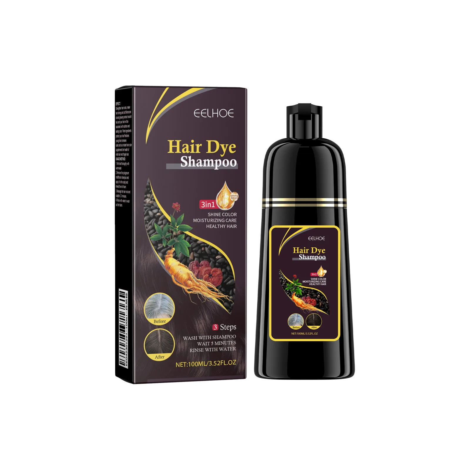 EELHOE Zwarte Haarverf Shampoo 3-in-1 Groei Schoon Haar Verduistering Diep Voedende Zwarte Haarverf Shampoo Natuurlijke Biologische Kruiden