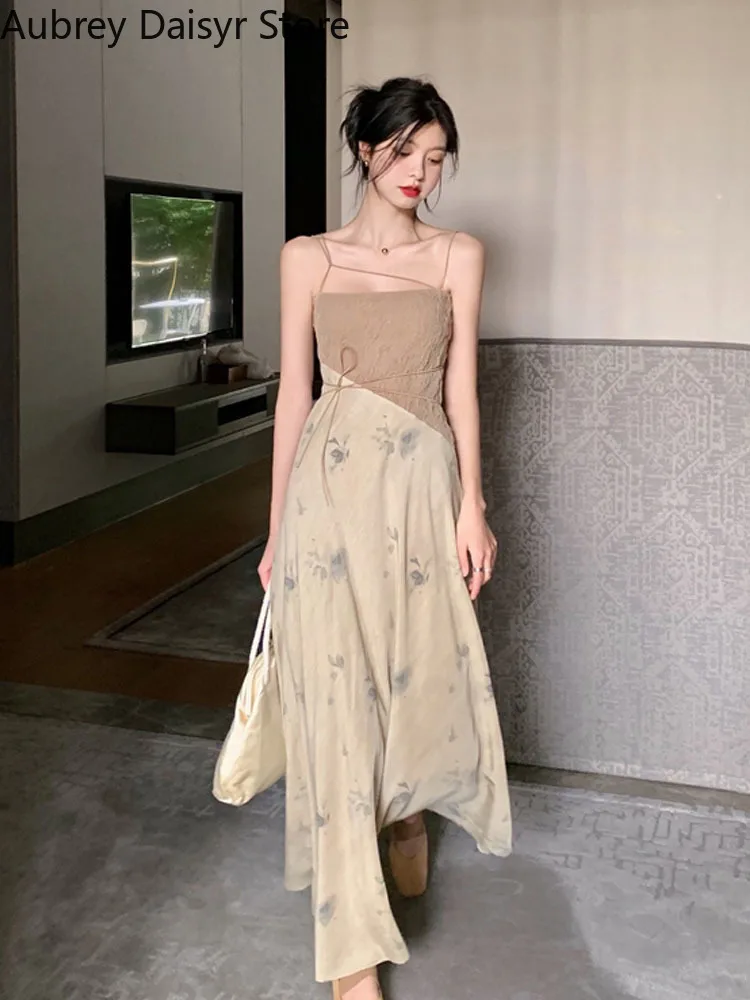 Elegant Long Bandage Dress Women Summer Korean Chic Printing Design Y2k Dress Sexy Casual Evening Party Prom Dress One Piece New