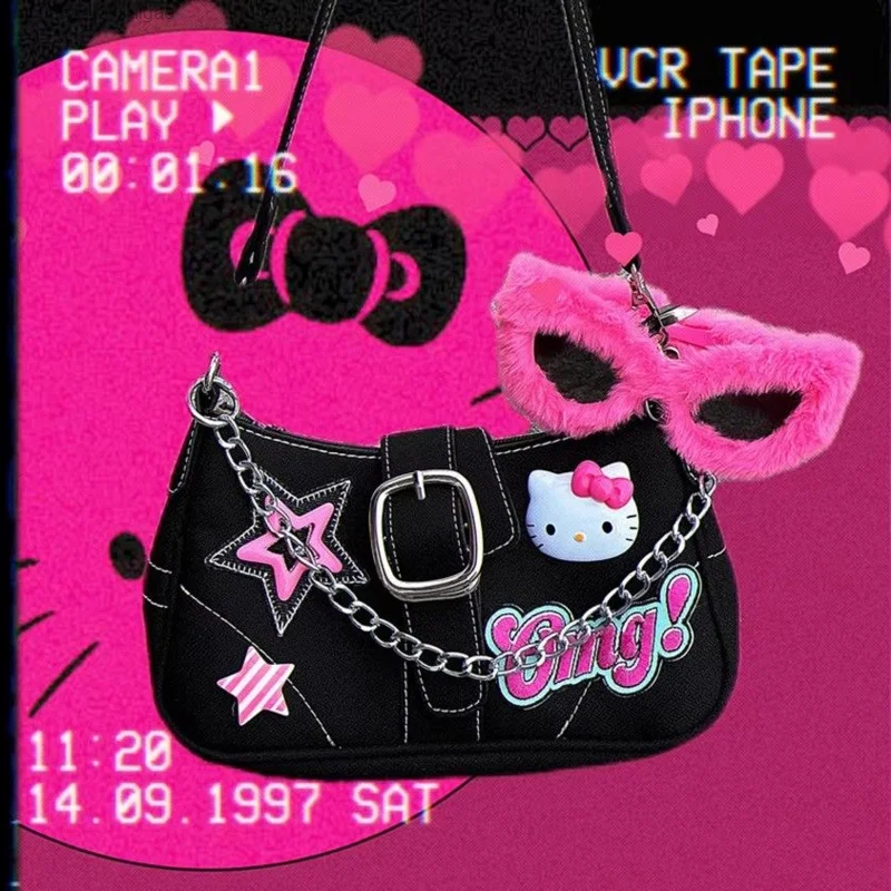 Sanrio Bags Y2k Spicy Girl Hello Kitty Star Underarm Bag Women Fashion Chain Black Luxury Handbags Trend Shoulder Bag For Female