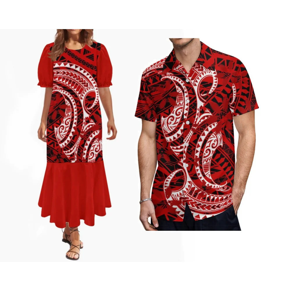 

Полинезийский индивидуальный комплект: летнее женское платье свободного кроя с круглым вырезом и рукавами-фонариками, с цветочным принтом, и мужская рубашка
