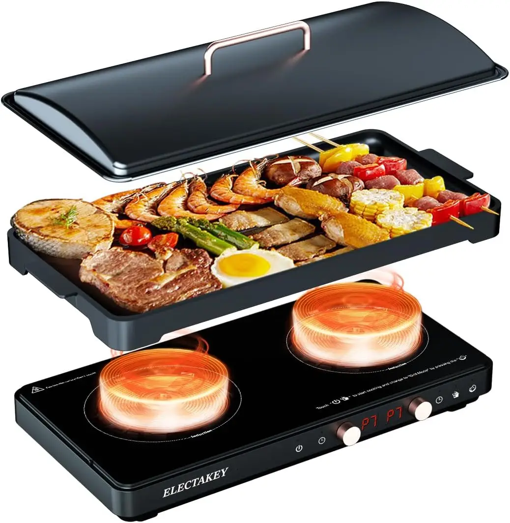 Cooktop 2 Burner with Removable Cast Iron Griddle Pan Non-Stic,Portable Double Induction Cooktop with Timer&Digital Te