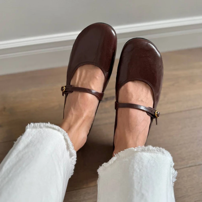 BEAUTODAY Mary Janes Women Calfskin Leather Round Toe Pleated Pattern Buckle Strap Solid Color Flat Shoes Ladies Handmade 28337 — zdjęcie 3