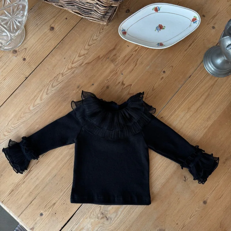 2026 Autumn New Girls Lace Collar Shirts Children Long Sleeve Tops Cute Baby Girl Cotton T Shirts Kids Casual Pullover