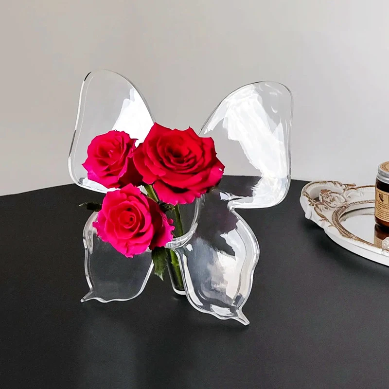 مزهرية زهرة أكريليك شفافة على شكل فراشة ملحقات تشكيلة زهور ثلاثية الأبعاد مزهرية على شكل فراشة لتزيين المنزل