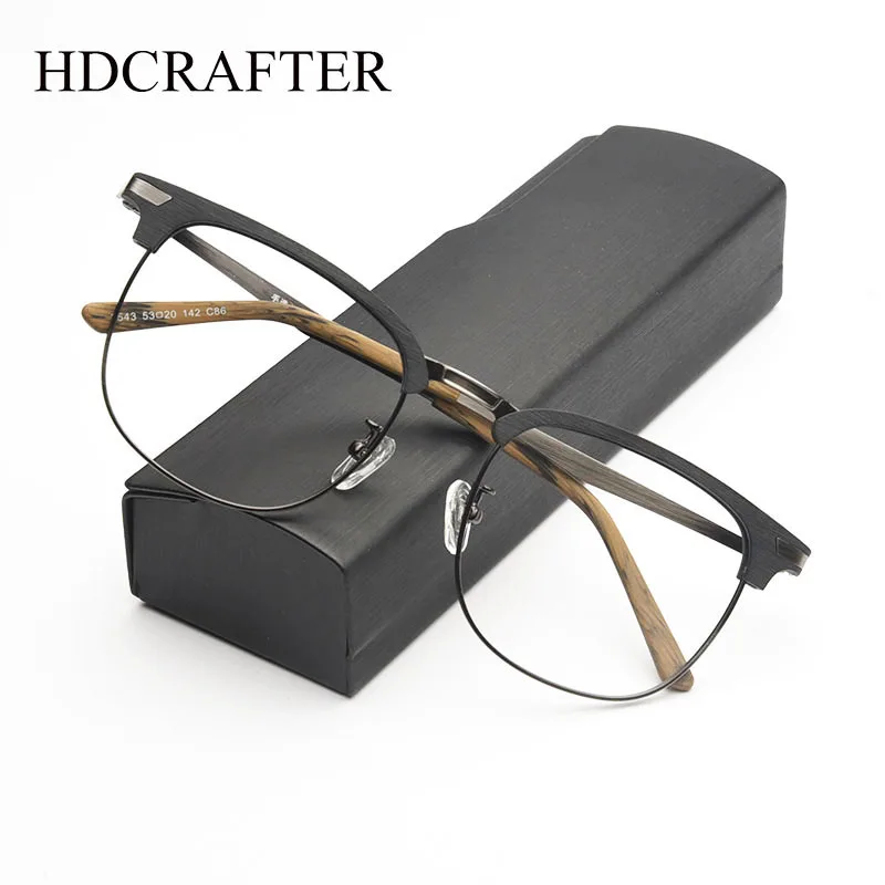 

HDCRAFTER Retro Wood Square Large Frame Eyeglasses Wood Metal Optical Prescription Glasses Frame Men Myopia Reading Eyewear