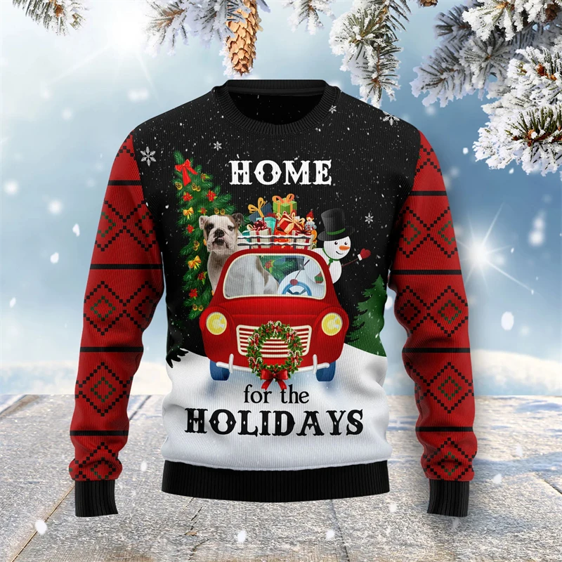 3D Print Merry Christmas Bulldog Pattern Vintage Retro Winter Ugly Sweater Men Women Harajuku Pullover Casual Funny Long Sleeves