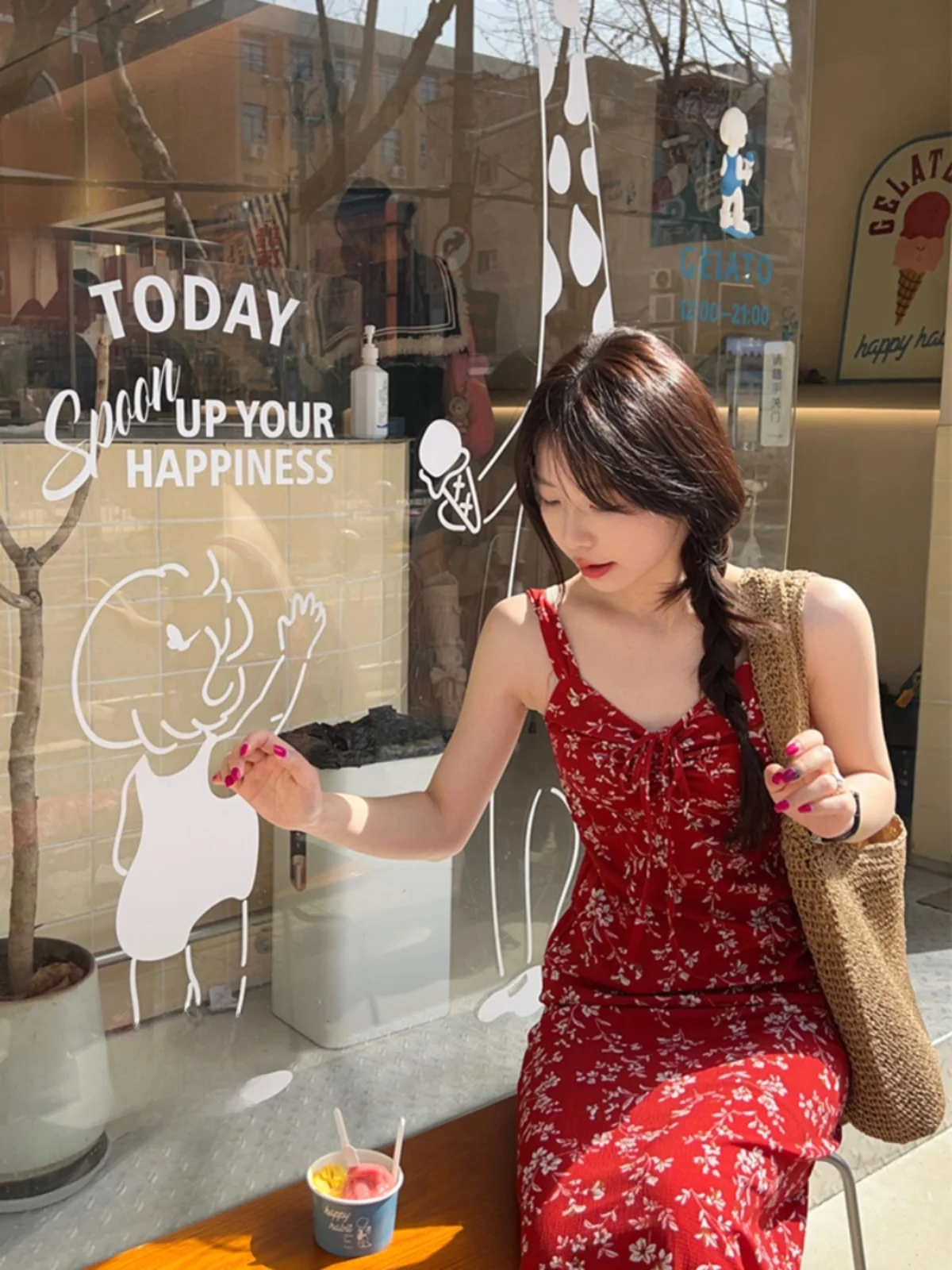 กระโปรงชายหาดลายดอกไม้สีแดง ter Dr กระโปรงชายหาดฤดูร้อนของผู้หญิงกระชับสัดส่วนยาว Dr Commute Sle No Sve V-Ne A-...