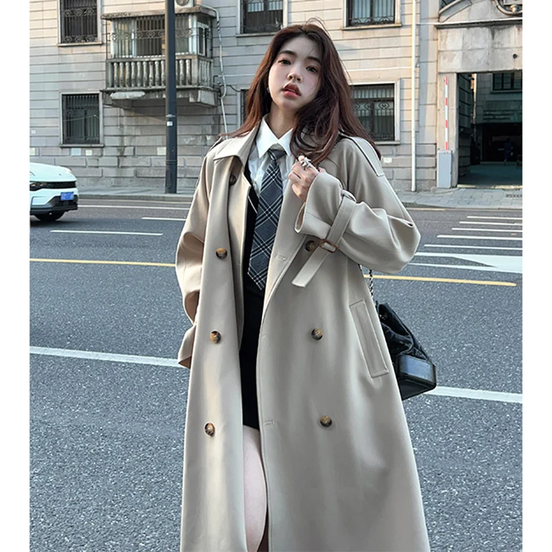 

Brown Trench Coat Woman Sun-Protective Full-Body Decorated Clashing Graceful Epaulet Extended Beautiful Folded All-Matching