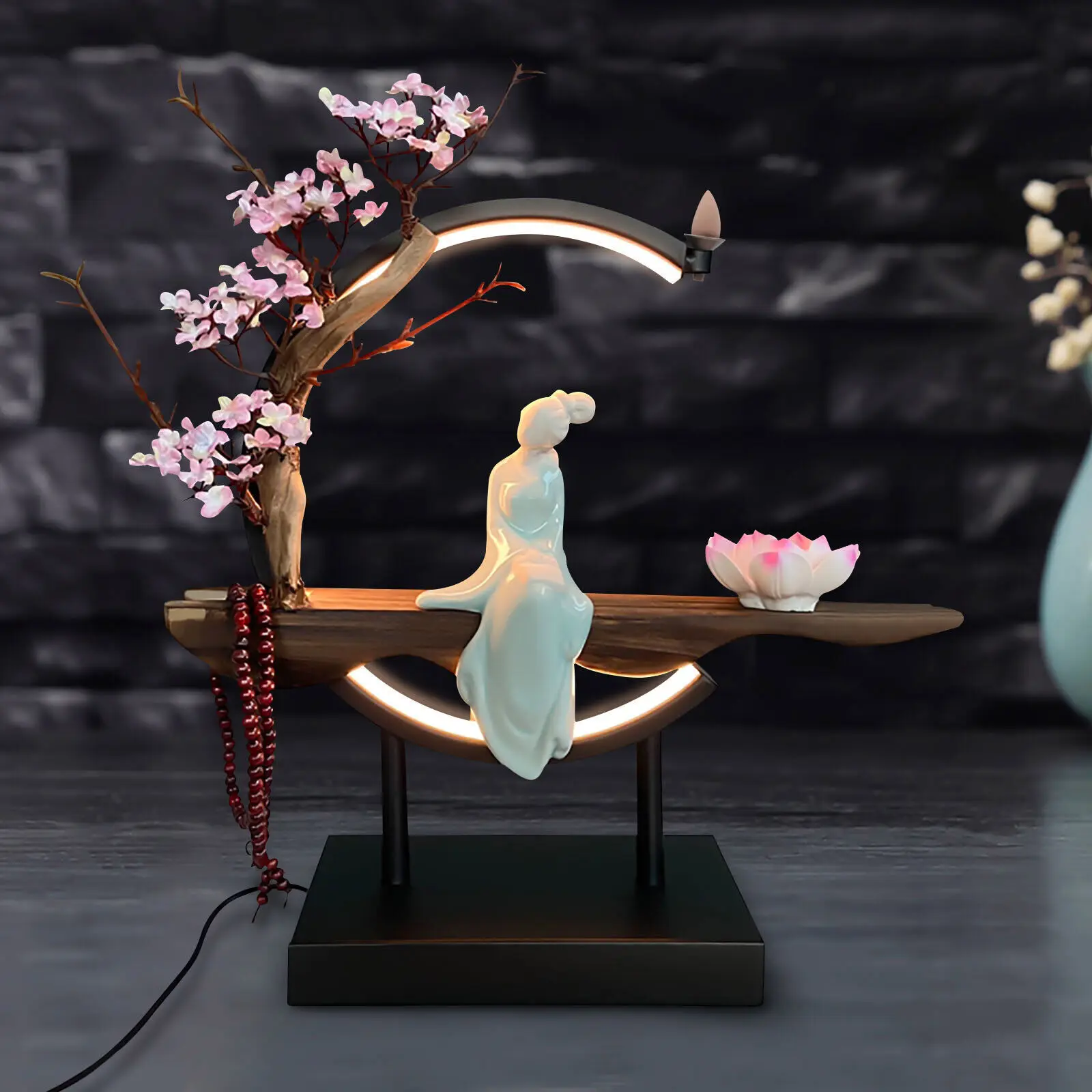 

Ceramic Backflow Waterfall Incense Cone Sticks Burner Holder With Peach Blossom LED Light Ring Home Office Decor