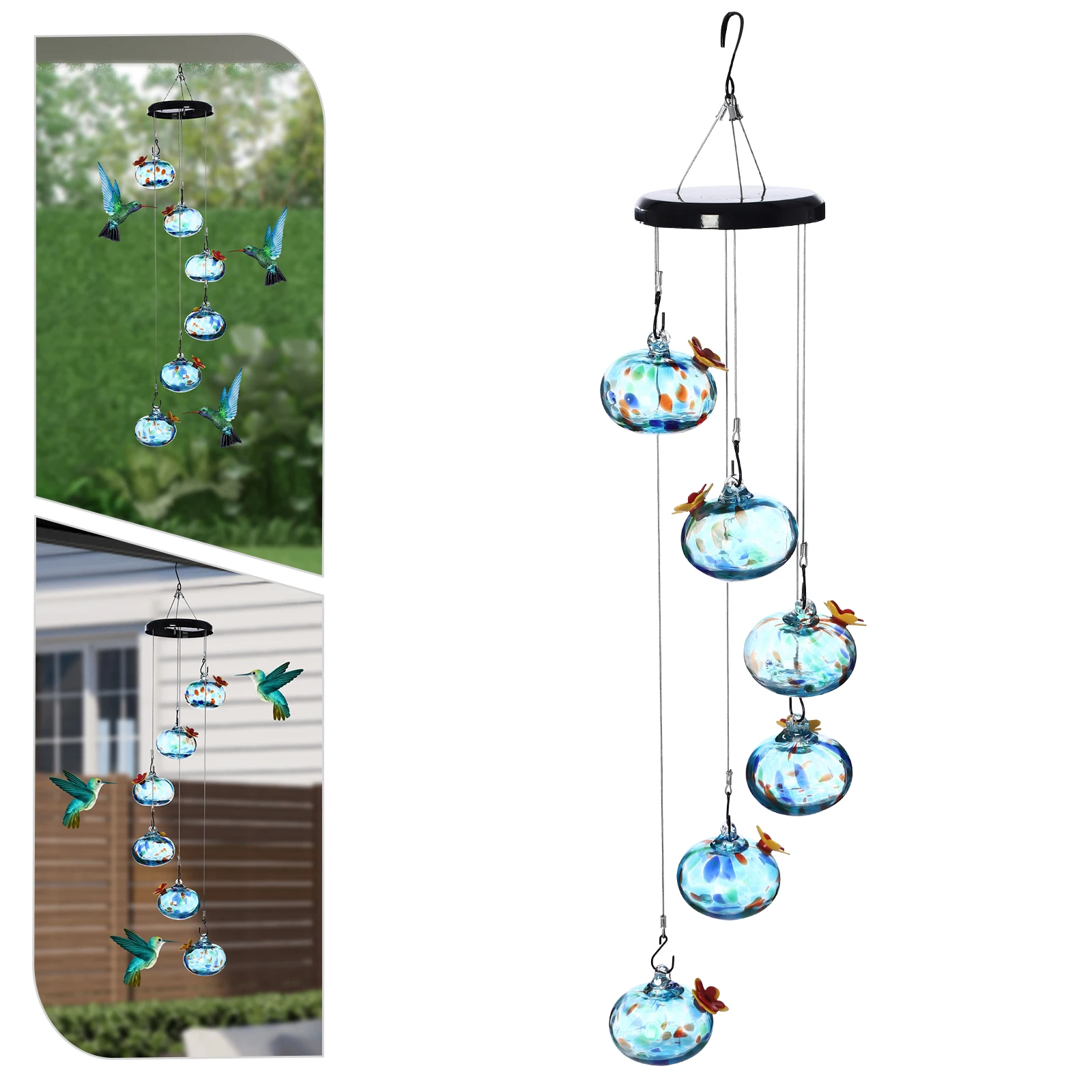 Charming Blue Glass Wind Chime Hummingbird Feeder, Outdoor Hanging Bird Feeder