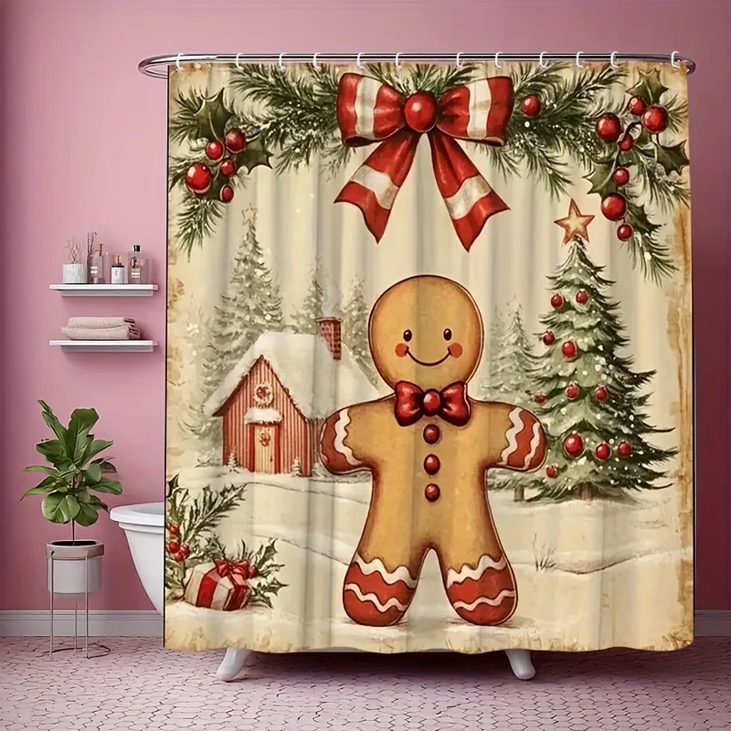 A Vintage-style Playful Shower Curtain Featuring an Adorable Gingerbread for Man as the Centerpiece, Paired with Classic Christm