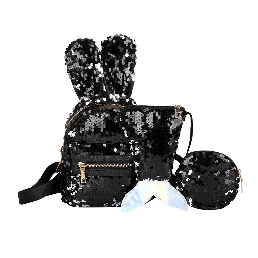 3pcs/set Shining Sequins Backpack Women Rabbit Ears Rucksack Clutch Purse Shoulder Crossbody Bags for Women