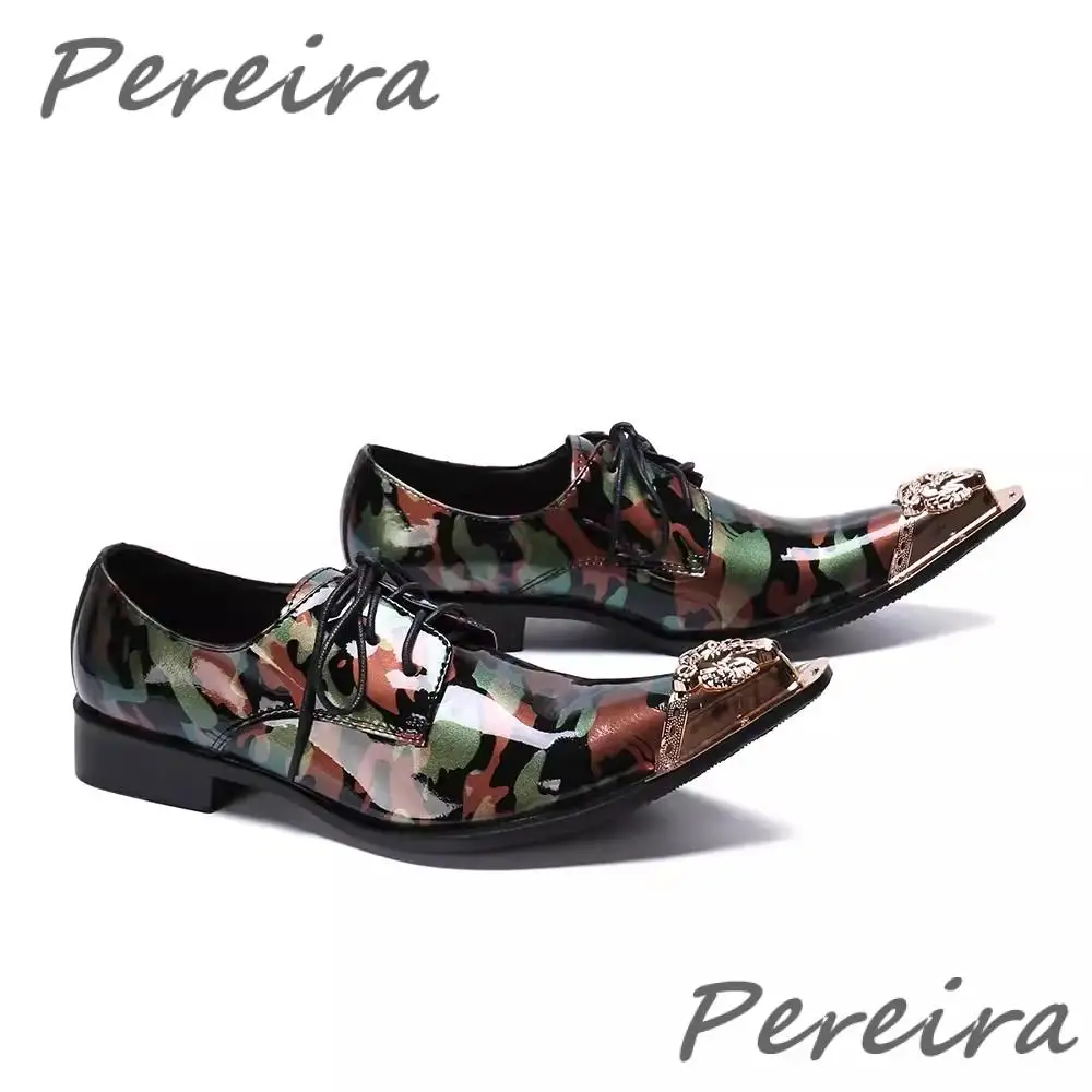 Camouflage Men's Leather Shoes Metal Pointed Toe Business Casual Shoes British Style Low Heel Lace-Up Loafers Party Male Shoes