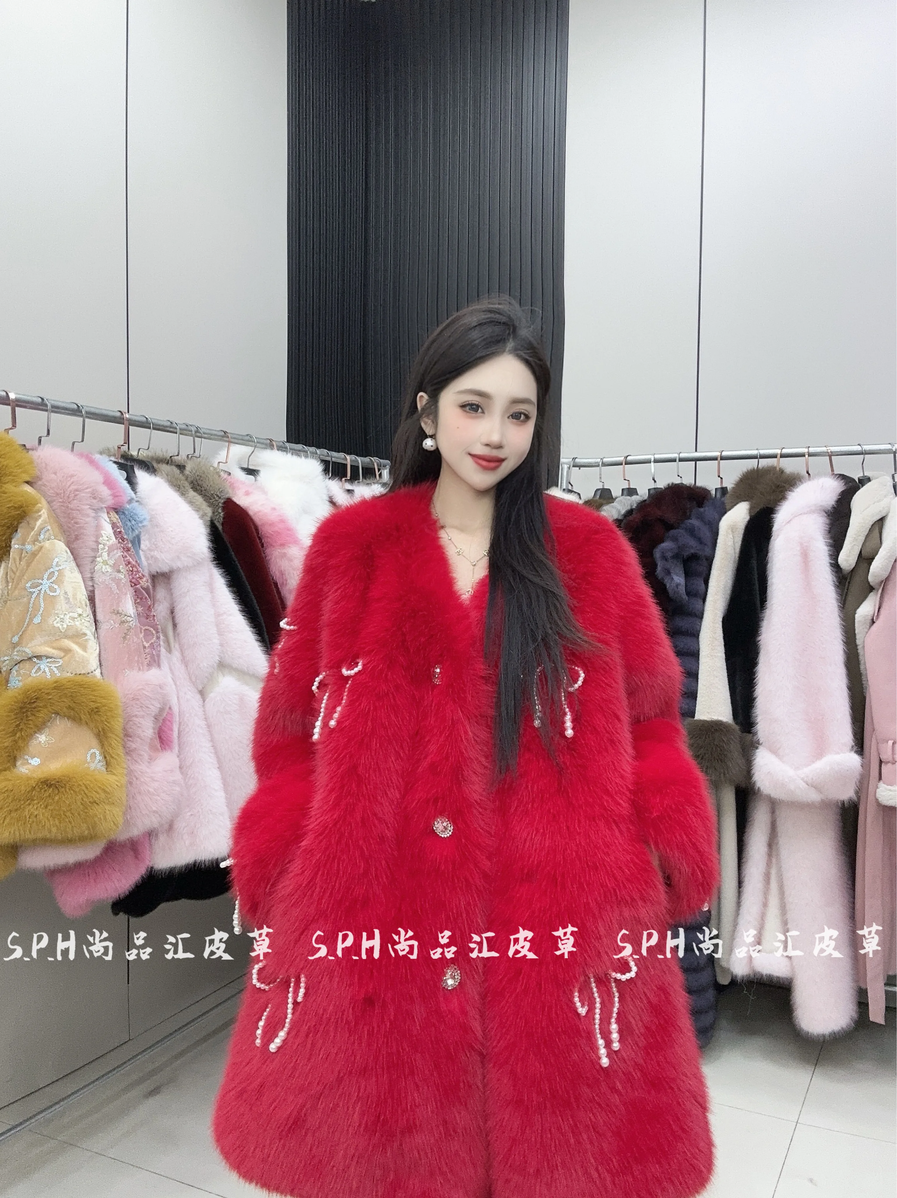 Sweet Pearl Bow Mid Length Thickened Fur Coat Retro V-neck Single-breasted Faux Fur Coats Winter Coat Women 2025 Jacket