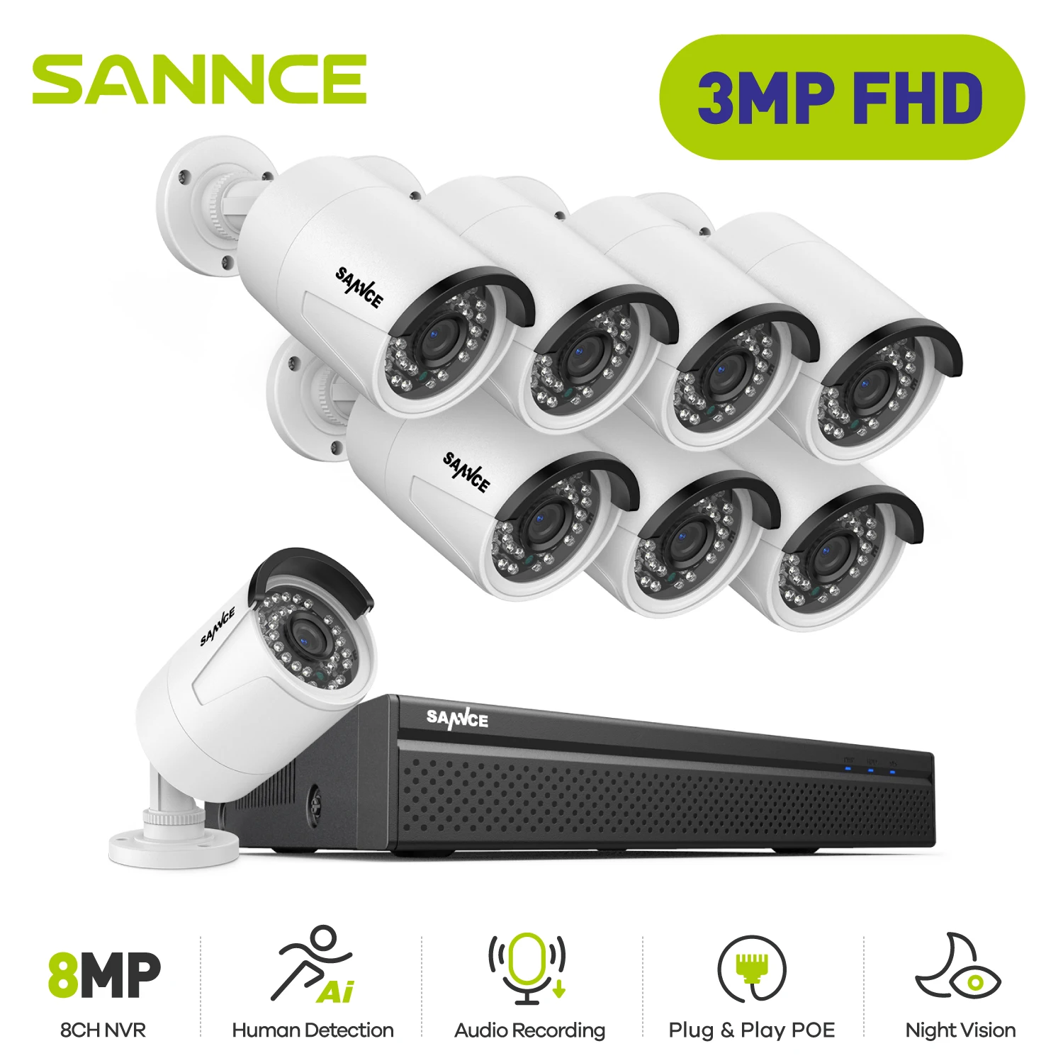 SANNCE 3MP 8CH POE Security Camera System Outdoor IR Night Vision Built-in Microphone Email Alert CCTV Video Surveillance Kit