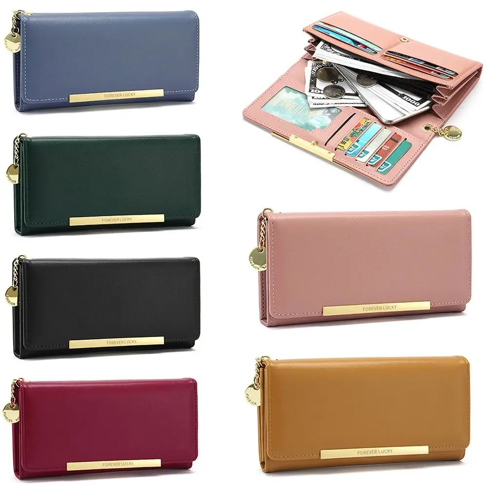 Fashion Portable Solid Color Female Long Purse Zipper Clutch Bag Large Capacity PU Leather Women Zipper Wallet