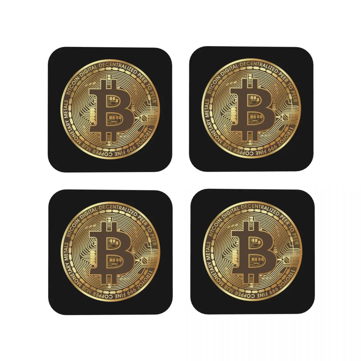 Bitcoin - Physical Coin Coasters Kitchen Placemats Waterproof Insulation Cup Coffee Mats For Decor Home Tableware Pads Set of 4