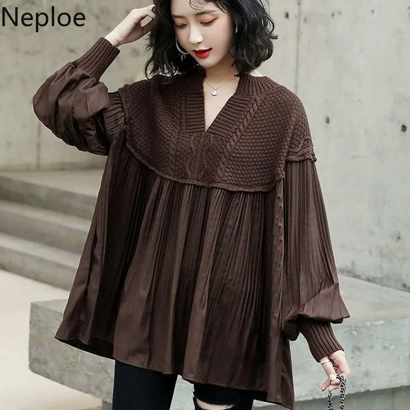 Sweter damski Neploe Fashion w koreańskim stylu oversize topy rękaw lampionowy plisowane swetry Patchwork V Neck eleganckie swetry ubrania