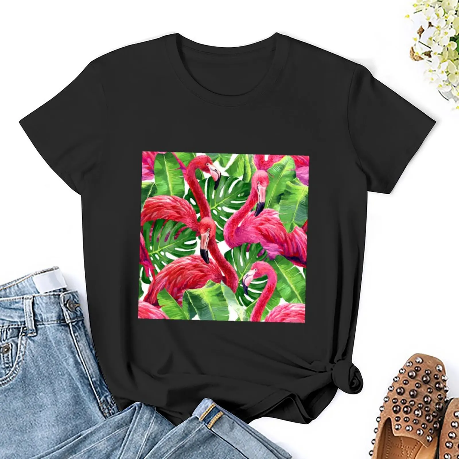 hot pink flamingoes tropical forest leaves T-Shirt summer tops anime clothes tees white t-shirt dress for Women sexy