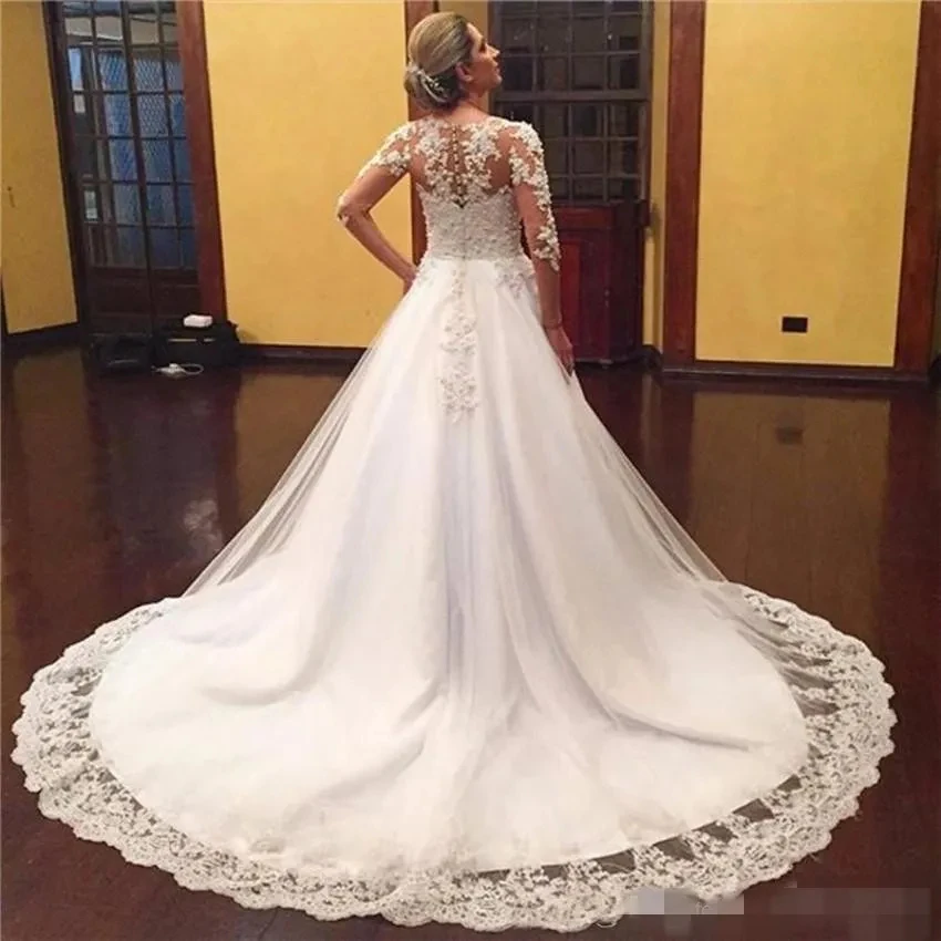 Vintage A Line Wedding Dress with Long Sleeves Sheer V Neck Lace Appliques Beaded Classic Church Bridal Gown