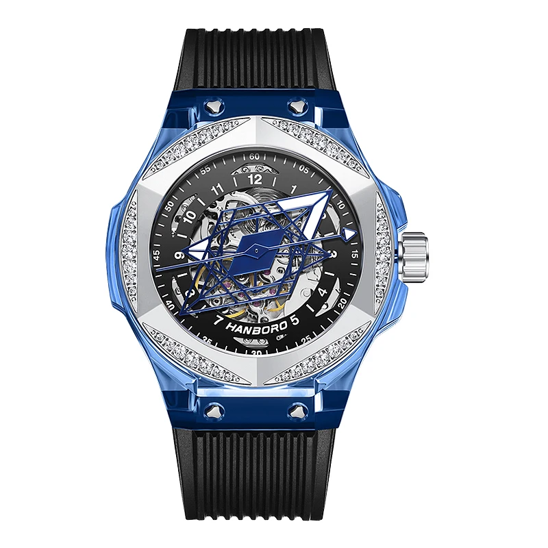 HANBORO, reloj automático para hombre, caja acrílica de 42mm, reloj de pulsera mecánico, resistente al agua, zafiro luminoso, esfera hueca