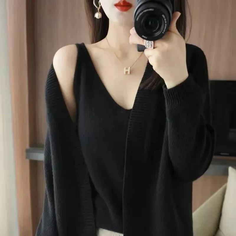 2024 New Autumn Winter Women Loose Sweater Waistcoat V-Neck Casual Two-Piece Cardigan Jacket Female Versatile Fashion Knitwear