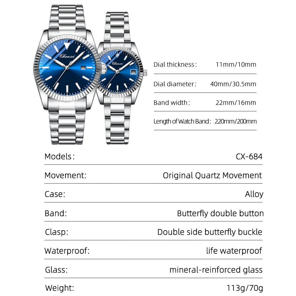 CHENXI العلامة التجارية الأصلية زوجين ساعة اليد للماء مضيئة ساعة كوارتز ساعة اليد الفاخرة هدية مثالية للرجال والنساء