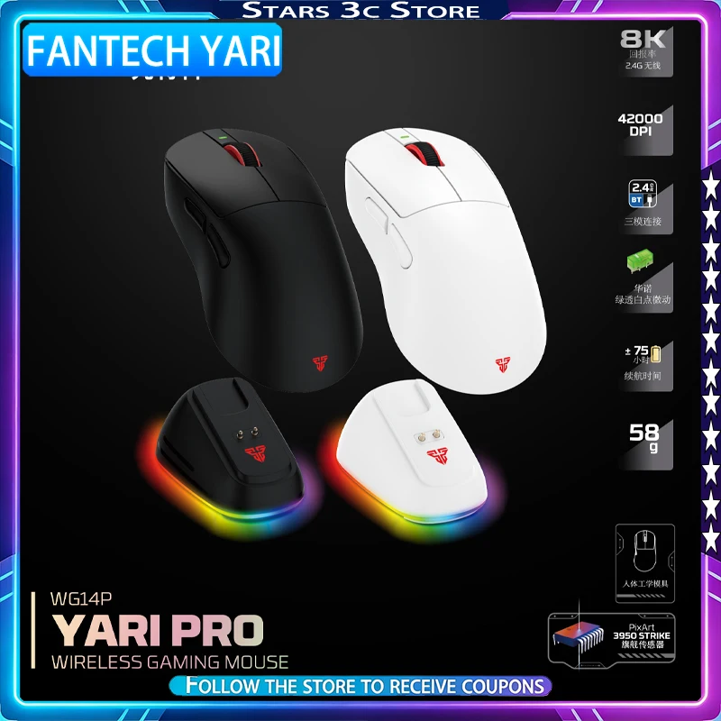 FANTECH YARI WG14E WG14P Wireless Mouse Paw3311/3950 with RGB Charging Dock Ergonomic Low Latency Gaming Mouse