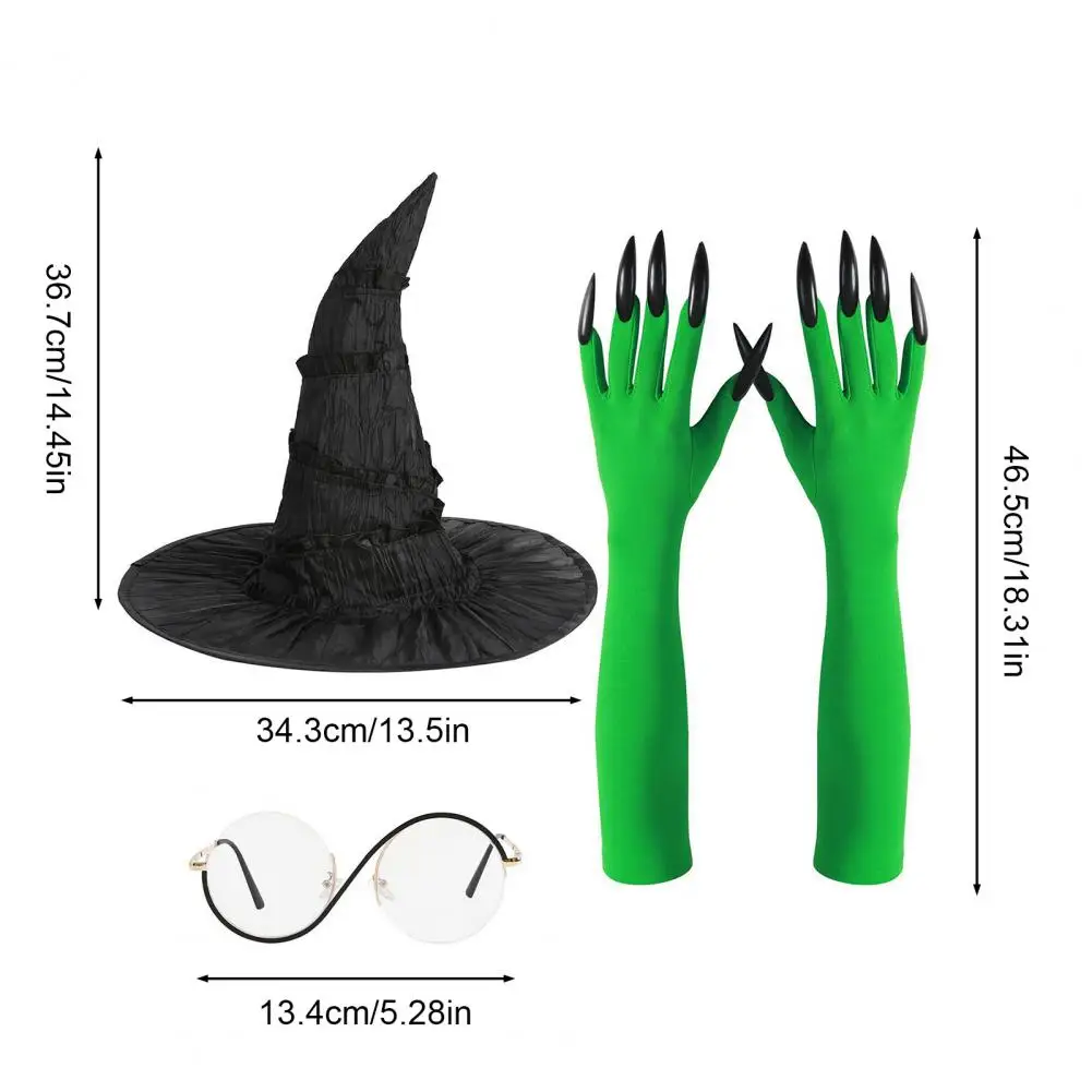 Green Witch Outfit Set Witch Costume Accessory Set for Women Black Witch Hat Round Frame Glasses Green Claw Gloves Halloween