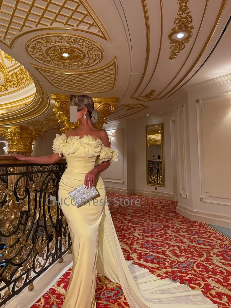 Abiti da ballo gialli senza spalline senza maniche abito da sera arabo fiore sirena mantello abito da festa di gala abiti da soirée personalizzati