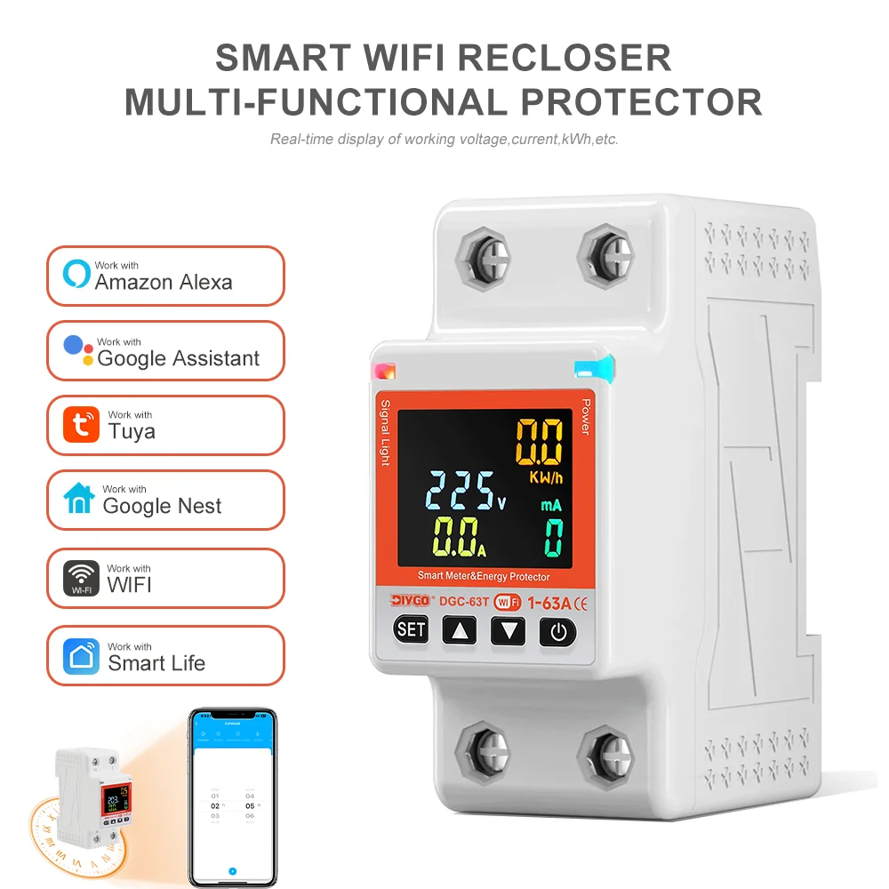 

Smart WiFi Circuit Breaker DGC-63T 1-63A Timing Remote Energy Meter Overvoltage/Leakage Protection 35mm Rail With Alexa/Tuya