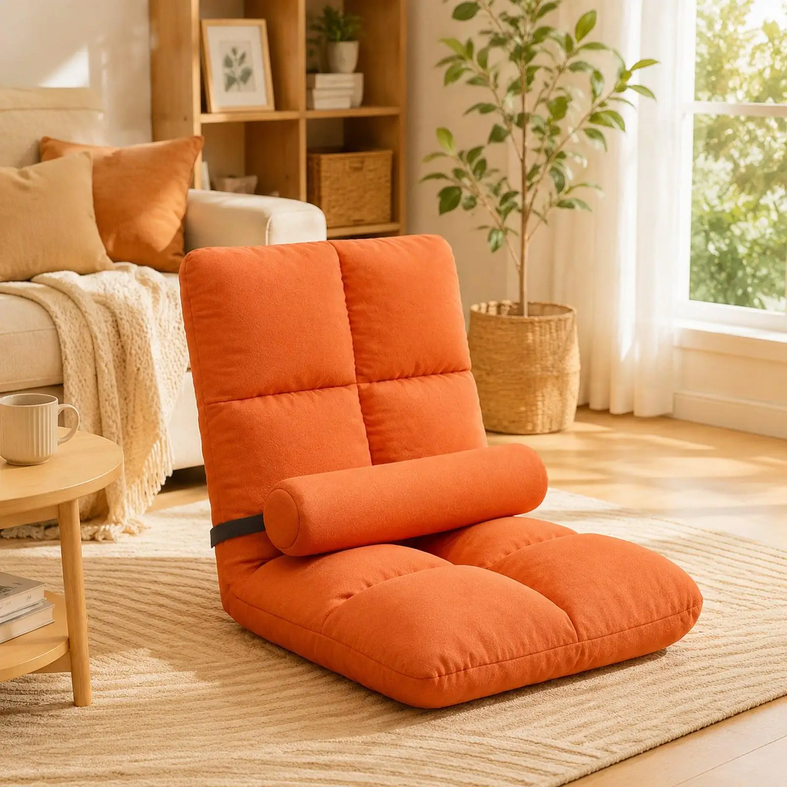 Padded Floor Sofa Chair Recliner Folding Lounge Seat Velvet Sponge with Waist Pillow for Small Space Study Room