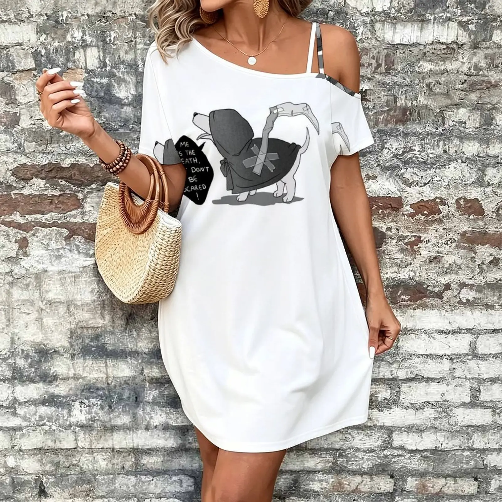 death doggo Women's Slanted Shoulder Single Strap Short-Sleeved Dress