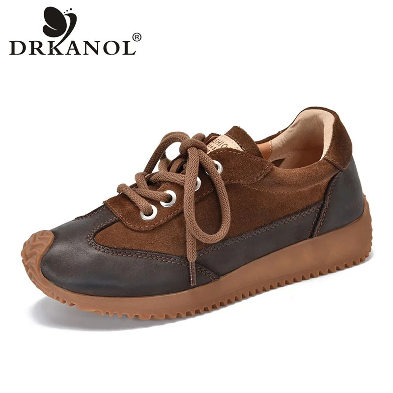 DRKANOL 2026 Women Casual Sneakers Spring Autumn Genuine Cow Leather Mixed Colors Lace-Up Flat Single Shoes Zapatillas Mujer