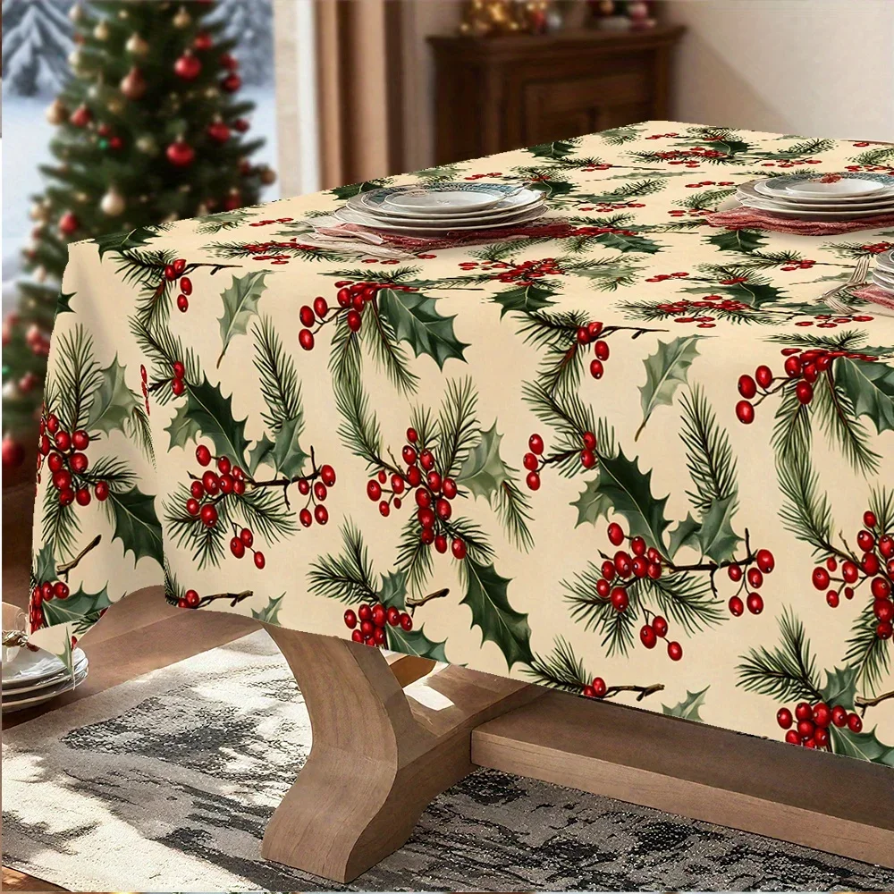 Single pack. Christmas winter snow tablecloth, white decoration, holly and berry pattern, traditional stylexzj