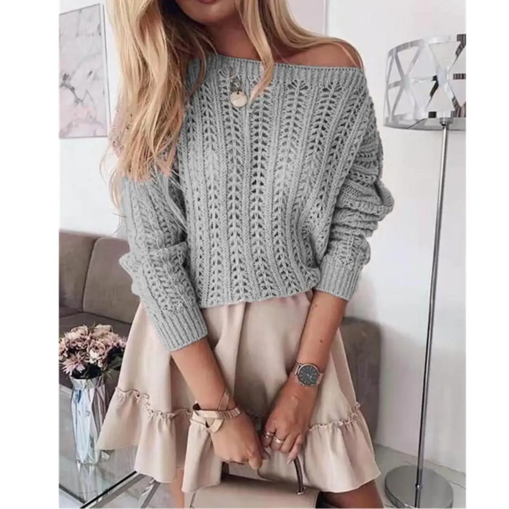 

Women's Elegant Hollow Off-Shoulder Knitted Sweater Solid Color Autumn Winter European American Style Sexy Wish New