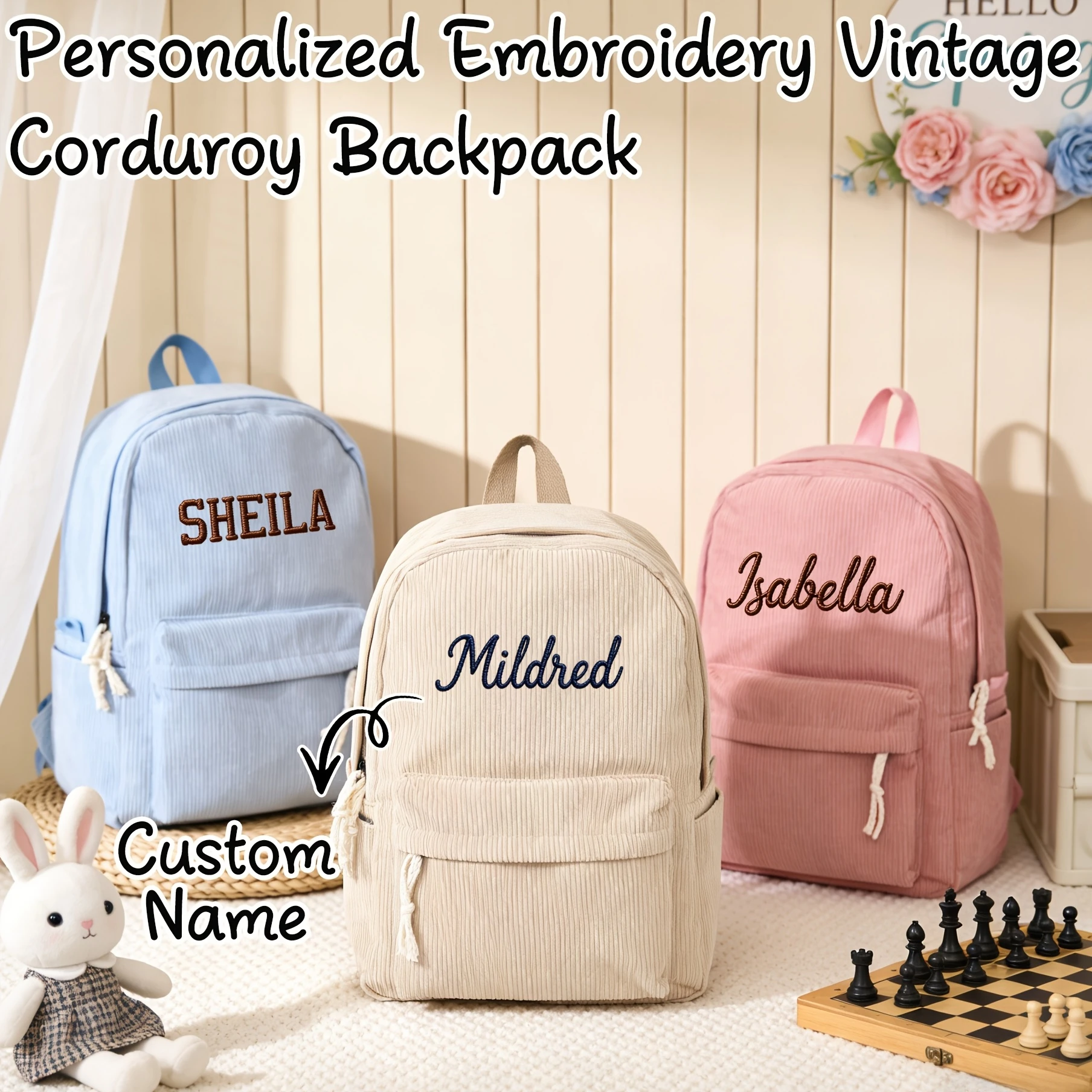 Personalized Name Corduroy Kids Backpack, Embroidered Design Lightweight Casual Storage, Prefect Gift for School Season & Travel
