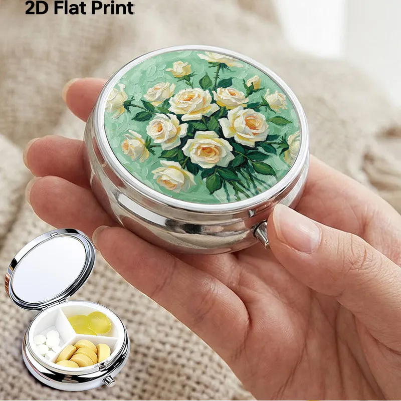 Portable Vintage Floral Metal Box, Three-Compartment Travel Medicine Organizer, Daily Medication Dispenser, Compact Pocket Wallet-Style Health Care Product Organizer, White Rose Pattern, Mint Green Vintage Box