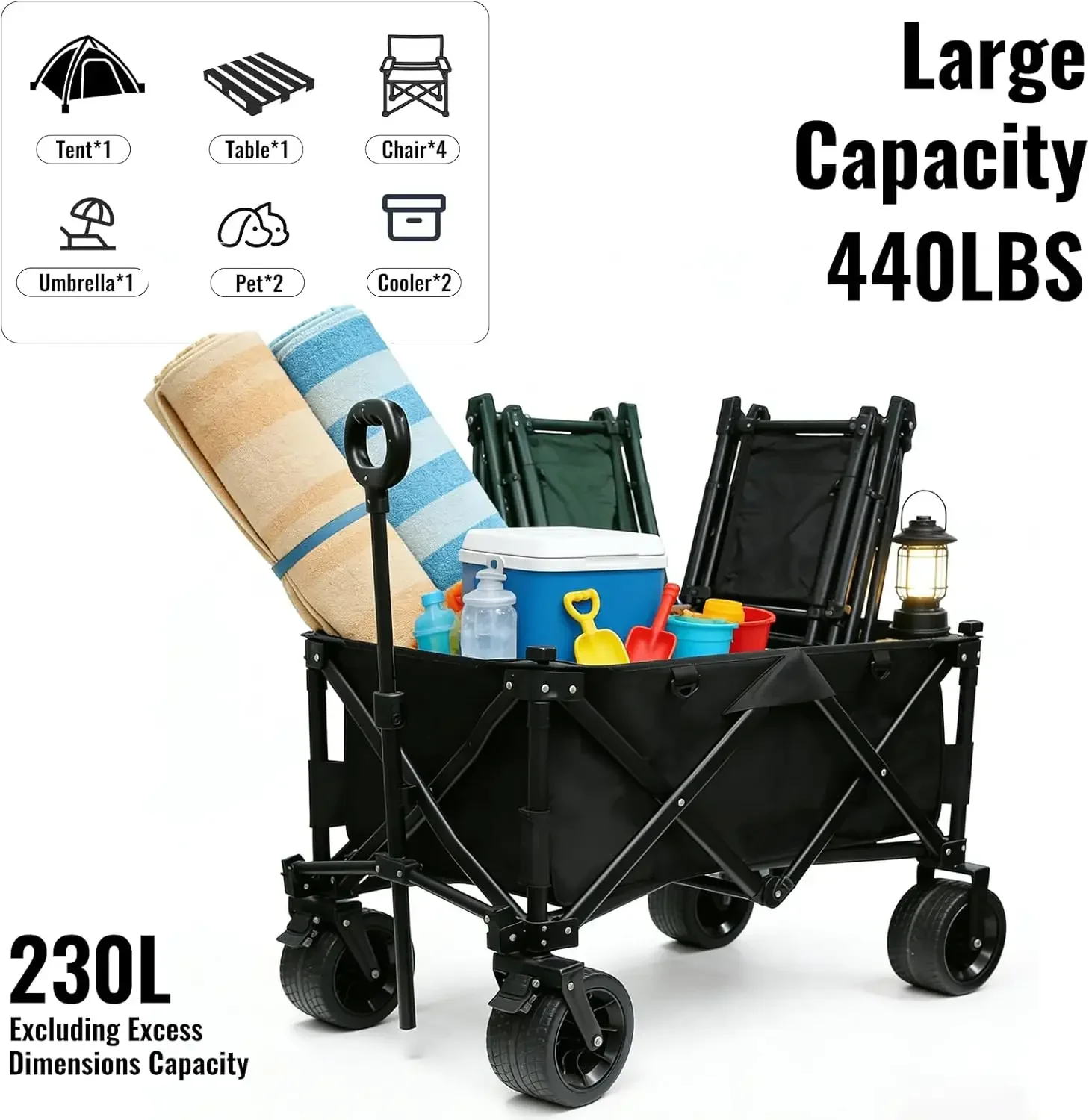 Heavy Duty Collapsible Folding Wagon with Table, 440LBS Capacity Utility Wagon Cart with All-Terrain Wheels, Foldable Beach Camp