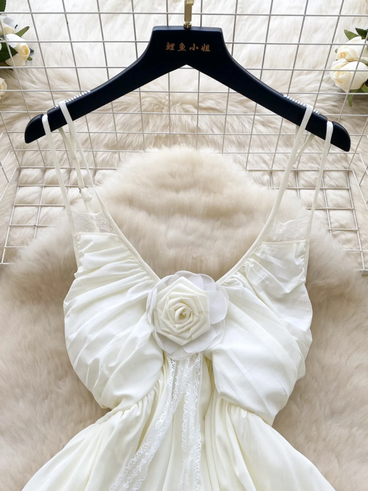 Vestido largo sin espalda con encaje y tirantes de flores 3D "Gentle Breeze" para mujer, estilo hada, ideal para vacaciones, ...