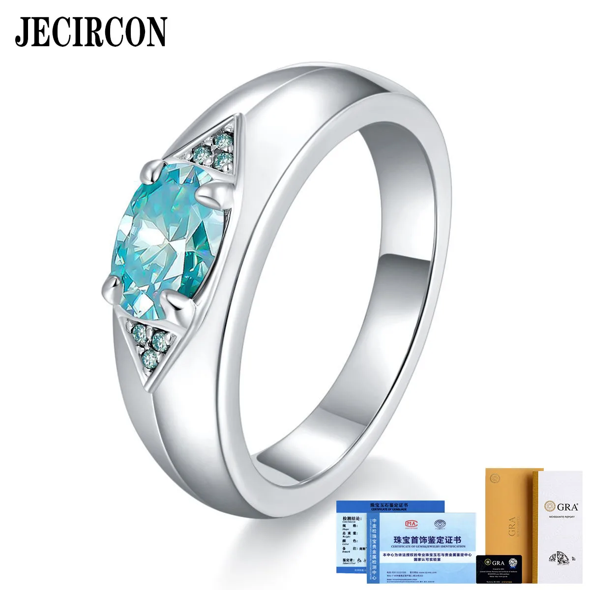 

JECIRCON 925 Sterling Silver Plated 18K Gold Ring Oval 5*7MM 1ct Blue-Green Moissanite Diamond Ring Same Style for Men and Women