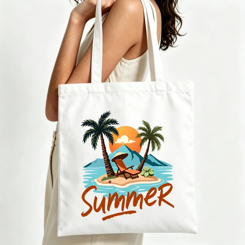 Women's tropical island graphic canvas tote bag, perfect for summer beach outings and casual shopping