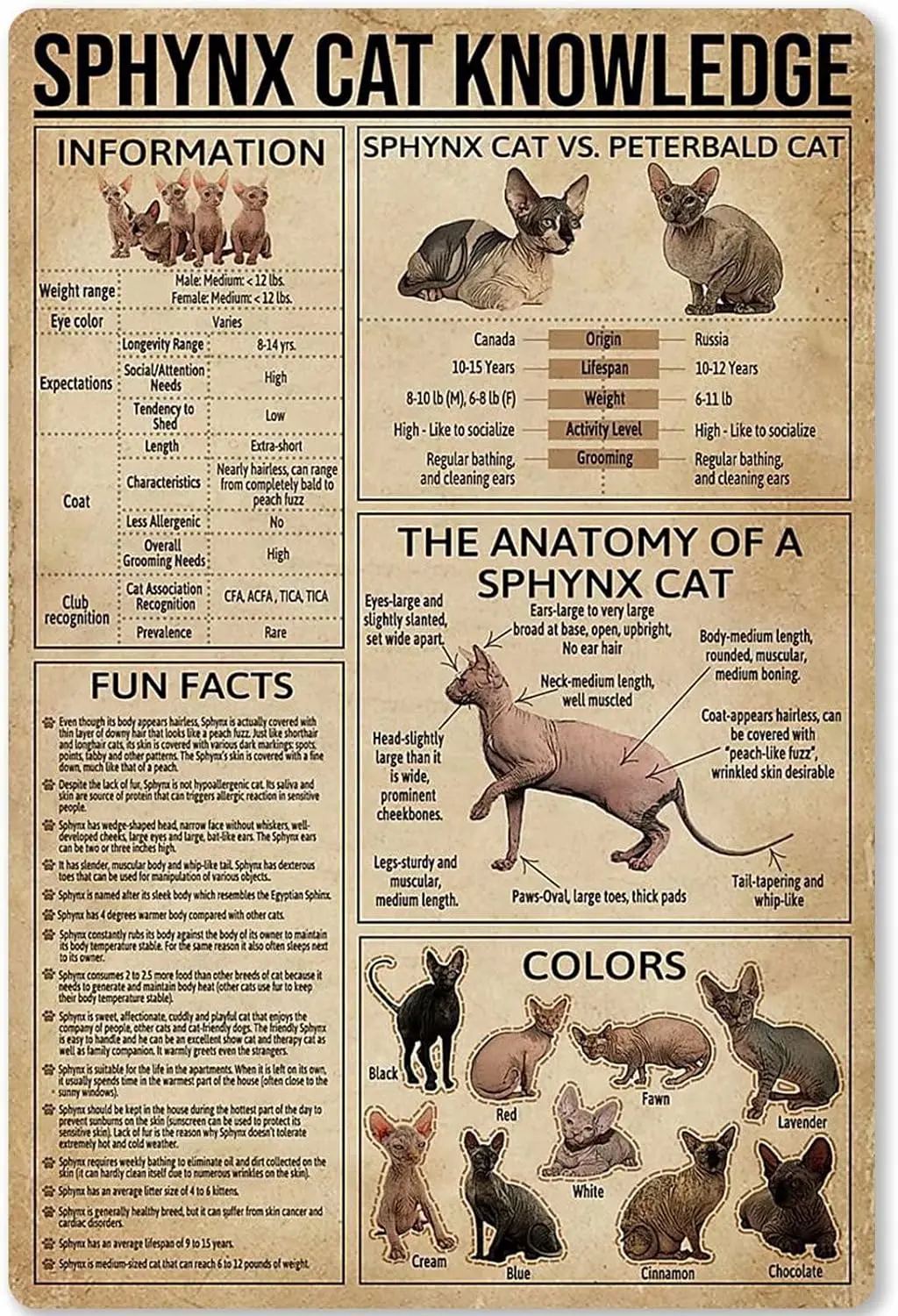 Sphynx Cat Knowledge Metal Sign Cat Unplaning Infographic Tin Poster for Farm Home Kitchen School Club Wall Decoration 12x1 sign