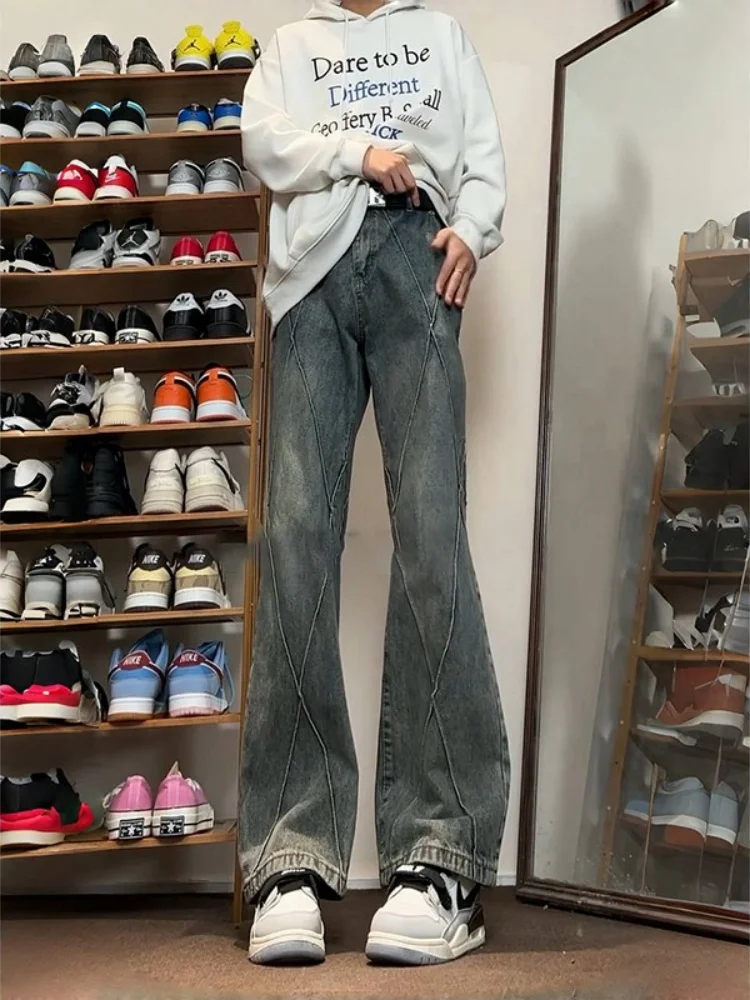 

Retro American Blue Jeans Men's High Street Vibe Deconstructed Patchwork Trousers Long Straight Leg Micro Flared Pants