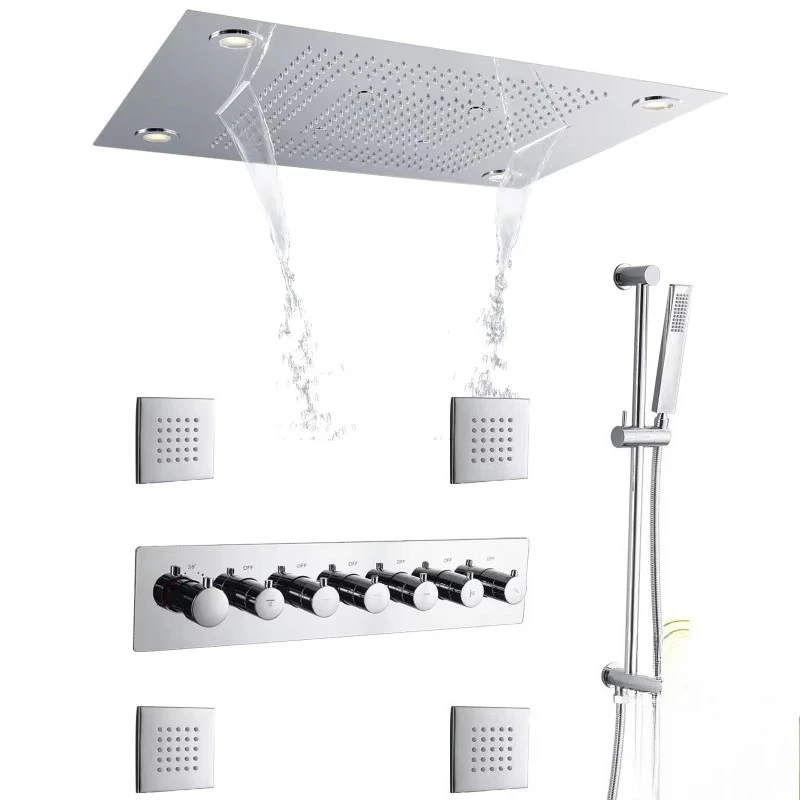 LED Thermostatic Shower System 7 Function Rain Shower Faucet Set Bathroom