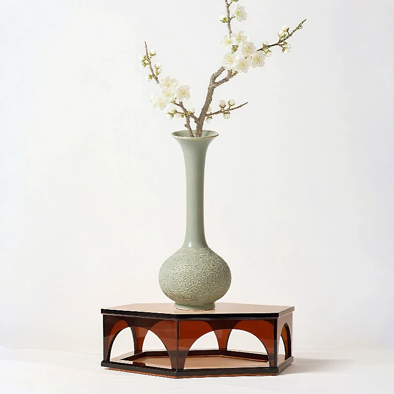 Song-Style Hexagonal Pedestal Stand Acrylic Vase Base for Bonsai, Flower Arrangement, Tea Room, Entryway, and Study Decor