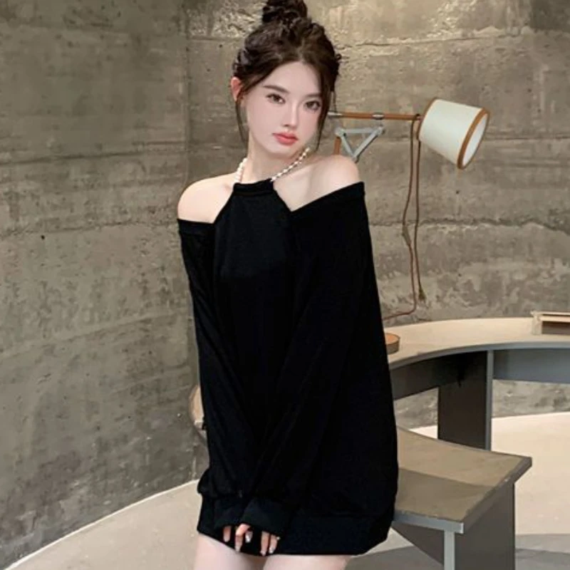 Off Shoulder Sweatshirts Women Halter Loose Temper Spring Harajuku Simple Chic Gentle All-match Korean Style Casual Schoolgirls