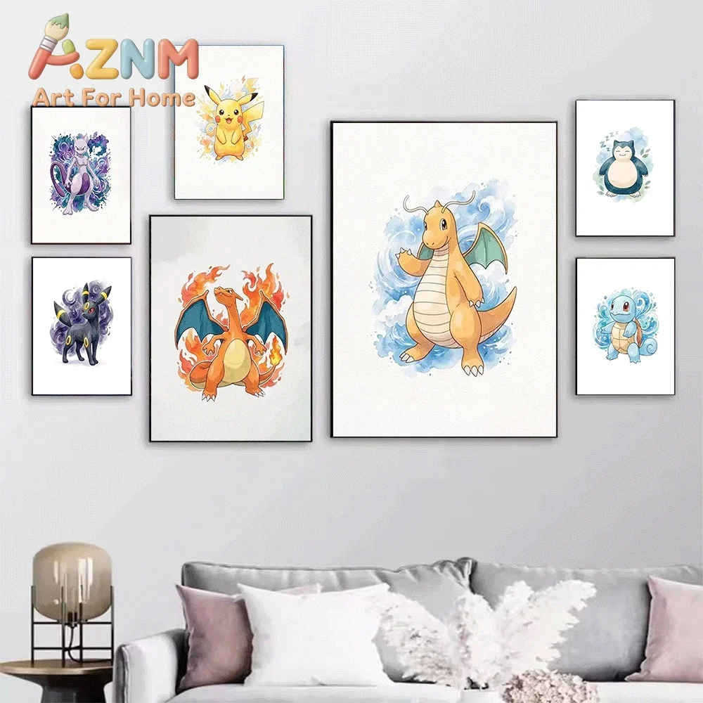 Watercolor Pokemon Eevee Canvas Painting Unframed Cute Anime Monster Characters Wall Art Poster for Kids Room Home Interior De