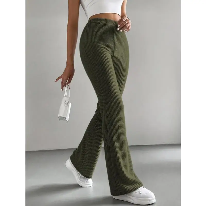 

High Waist Bell Bot Pants Elastic Waist Knitted Long Trousers 2026 New Sle Casual Sportswear Set Autumn Seven Sve